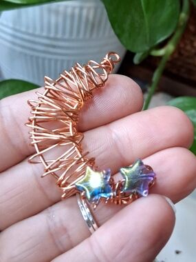Copper Crescent Moon Pendant with Iridescent Star Beads